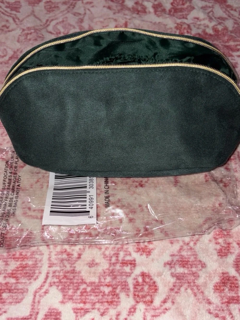 Dark Green Suede Cosmetic Pouch with Front Strap